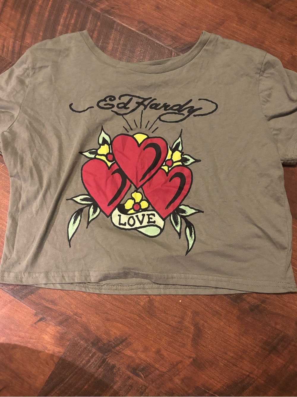 Ed Hardy Olive Green Tee with Red Heart Trio Graphic